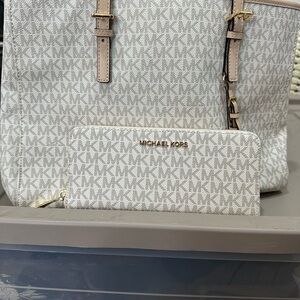 Michael Kors Gray and Cream Logo Bag and Wallet Set